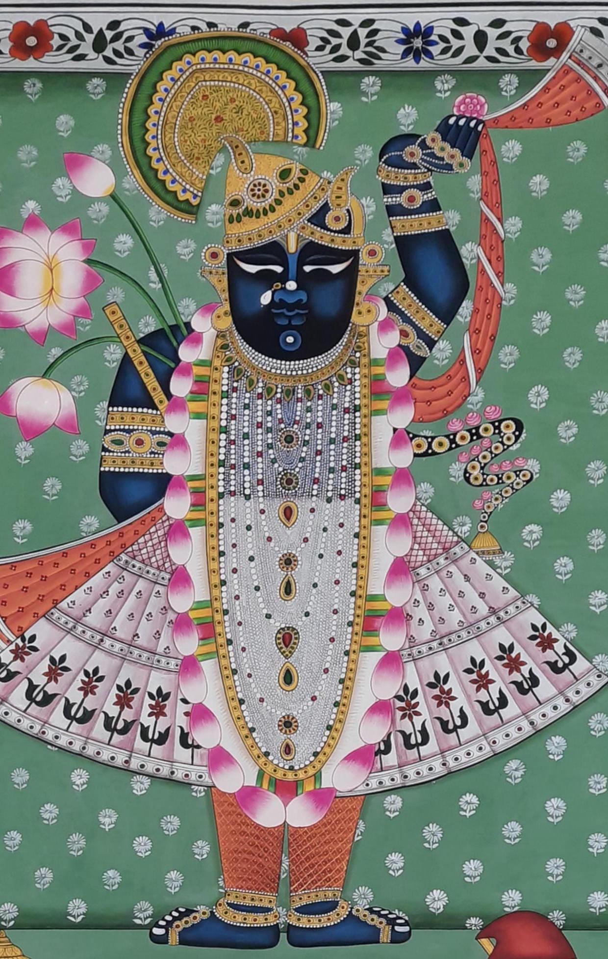 ☆ちゃと☆アウガルテン シロノワズリ Handpainted 貴重 Lord Shrinathji Handmade Pichwai Painting: Traditional Krishna Art