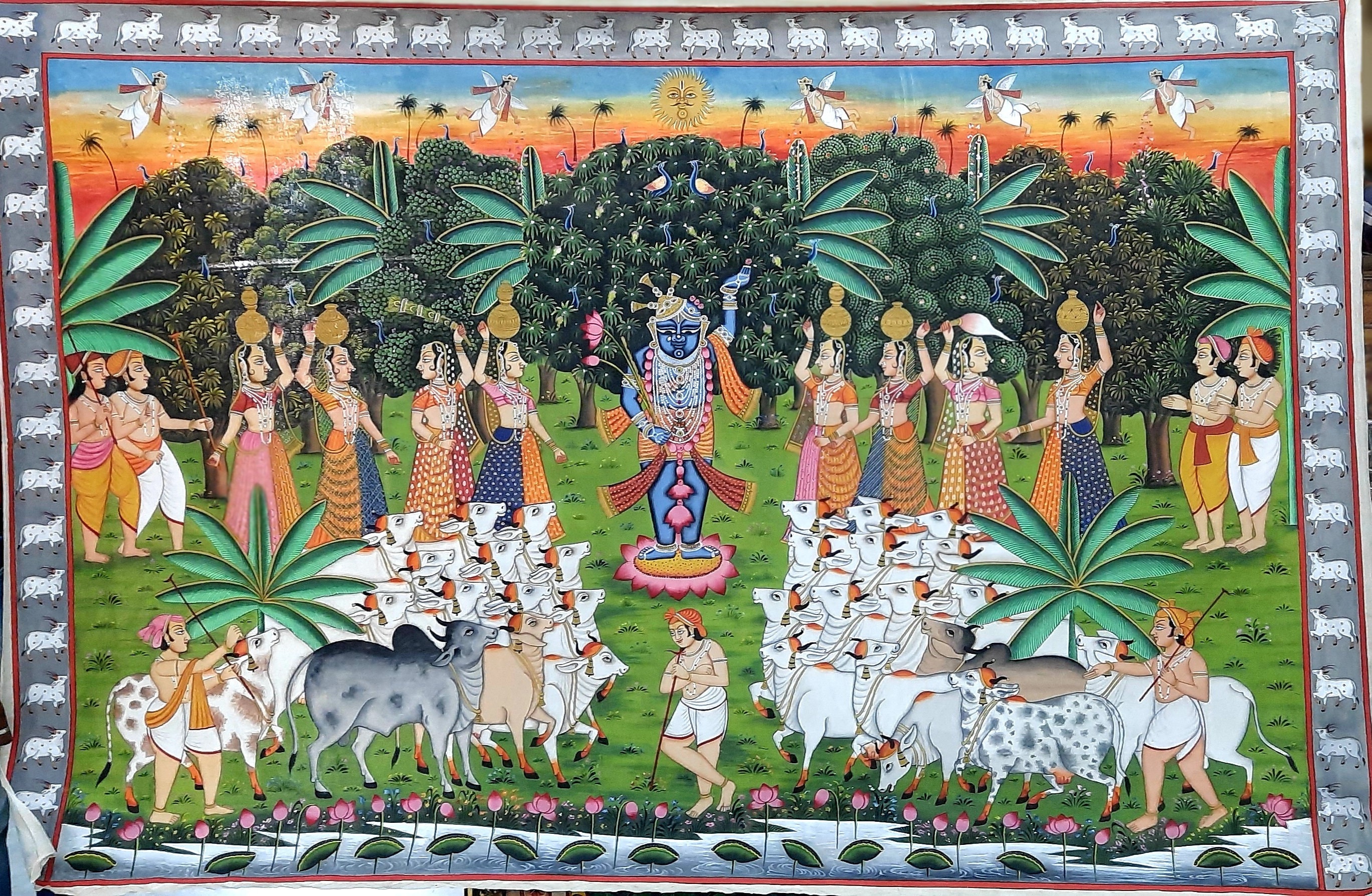 Vintage Handmade Pichwai Painting of Lord Shrinathji on Cloth, Antique