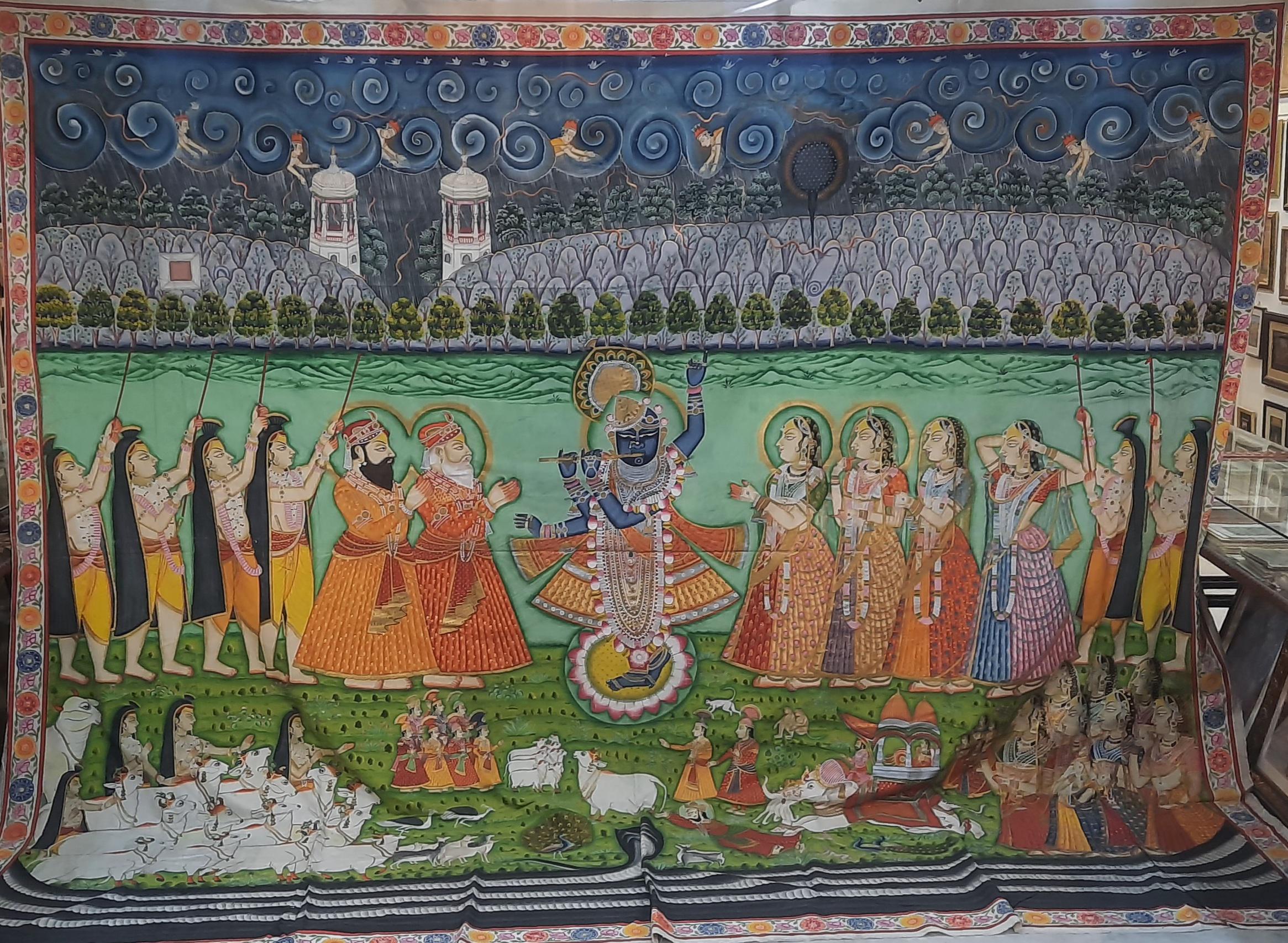 Large Lord Shrinathji Pichwai Painting: 24K Gold, Antique Krishna