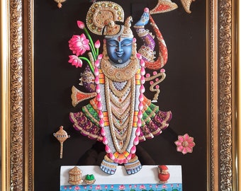 Handmade 3D Embossed Shrinathji Painting: Real Gold & Gemstones