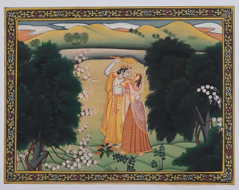 Handmade Radha Krishna Watercolor Painting: Hindu God Art (5x7 Inch) E
