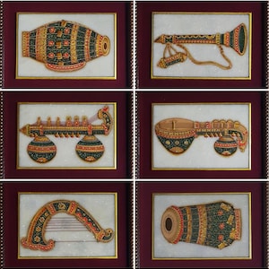 Hand Painted Marble Musical Instrument Art - Indian Classical Decor, Set of 6