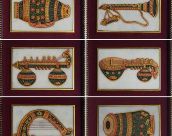 Set of 9 Hand Painted Marble Musical Instrument Art - Indian Classical Decor