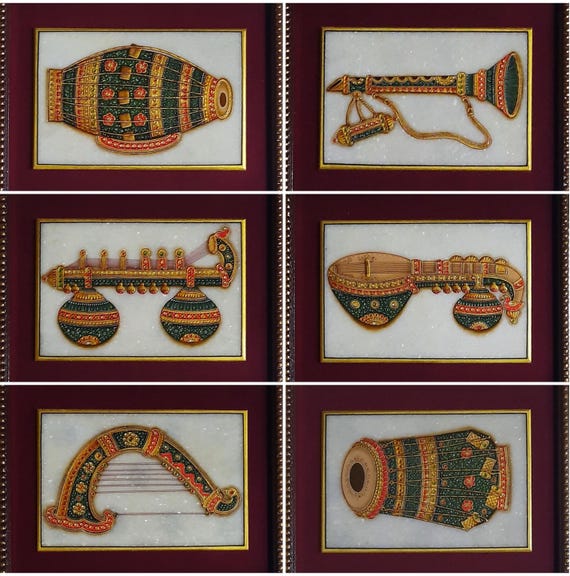 Set of 9 Hand Painted Marble Musical Instrument Art - Indian