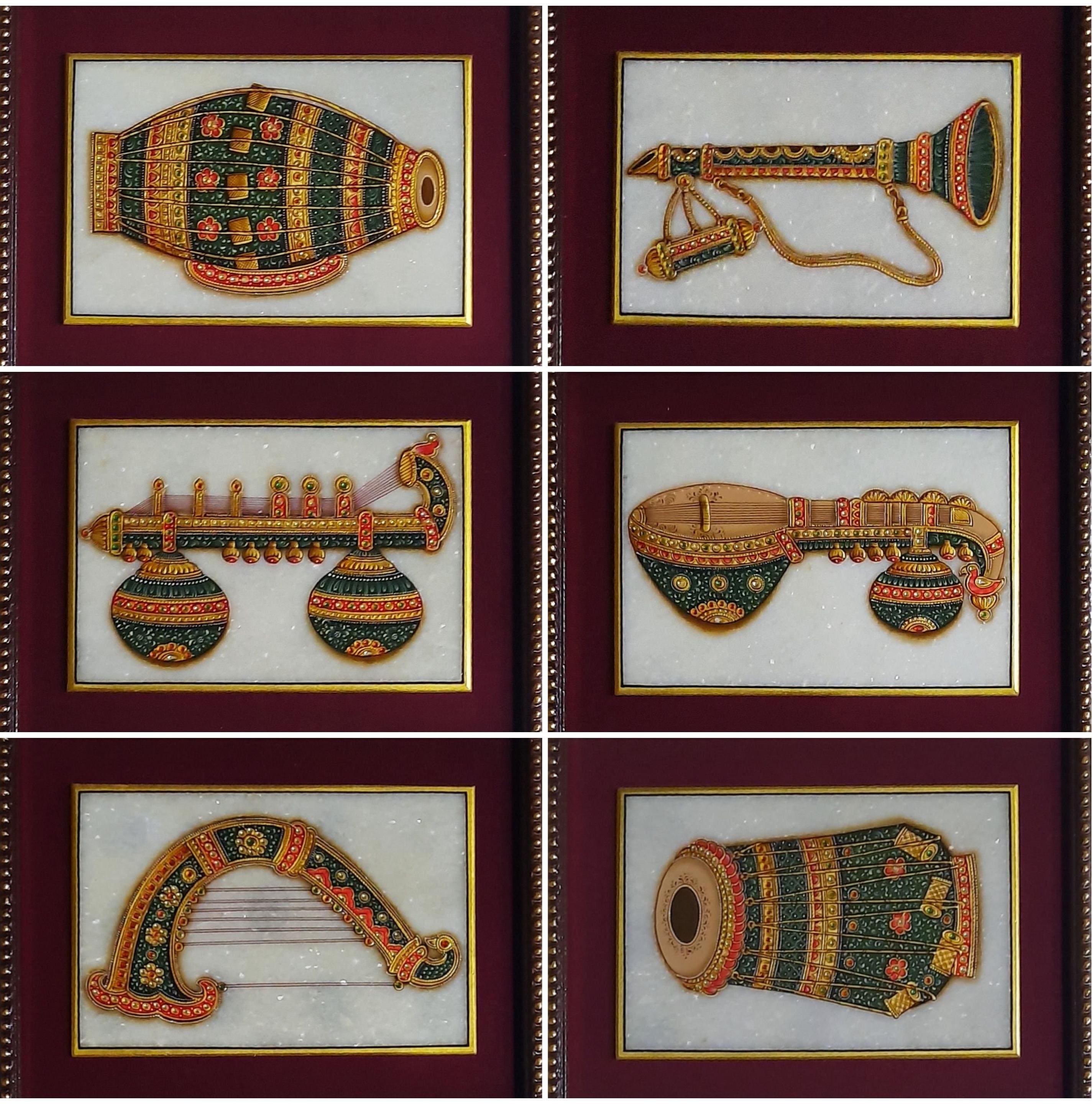 Set of 9 Hand Painted Marble Musical Instrument Art - Indian