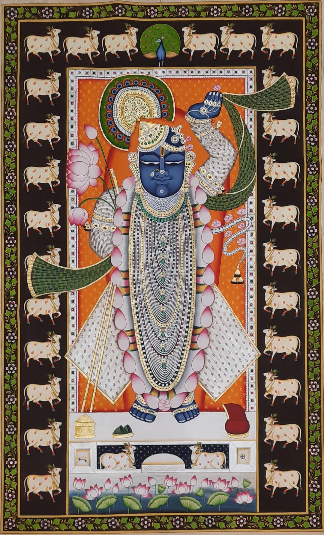 Lord Shrinathji Pichwai Painting: Traditional Krishna Art on Cloth