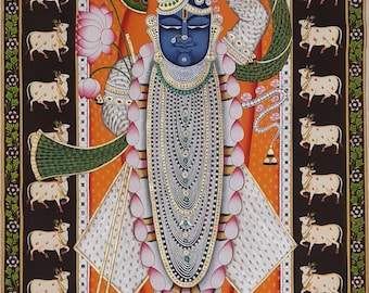 Lord Shrinathji Pichwai Painting: Traditional Krishna Art on Cloth
