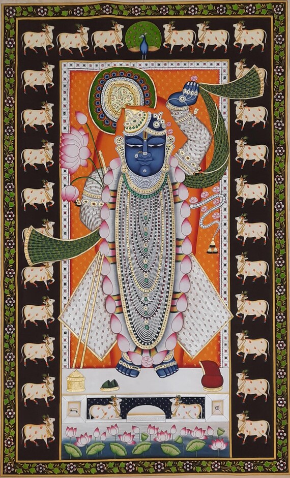 ☆ちゃと☆アウガルテン シロノワズリ Handpainted 貴重 Lord Shrinathji Pichwai Painting: Traditional Krishna Art on Cloth
