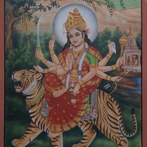 Indian Goddess Durga Mata Painting: 24K Gold Foil & Gemstones