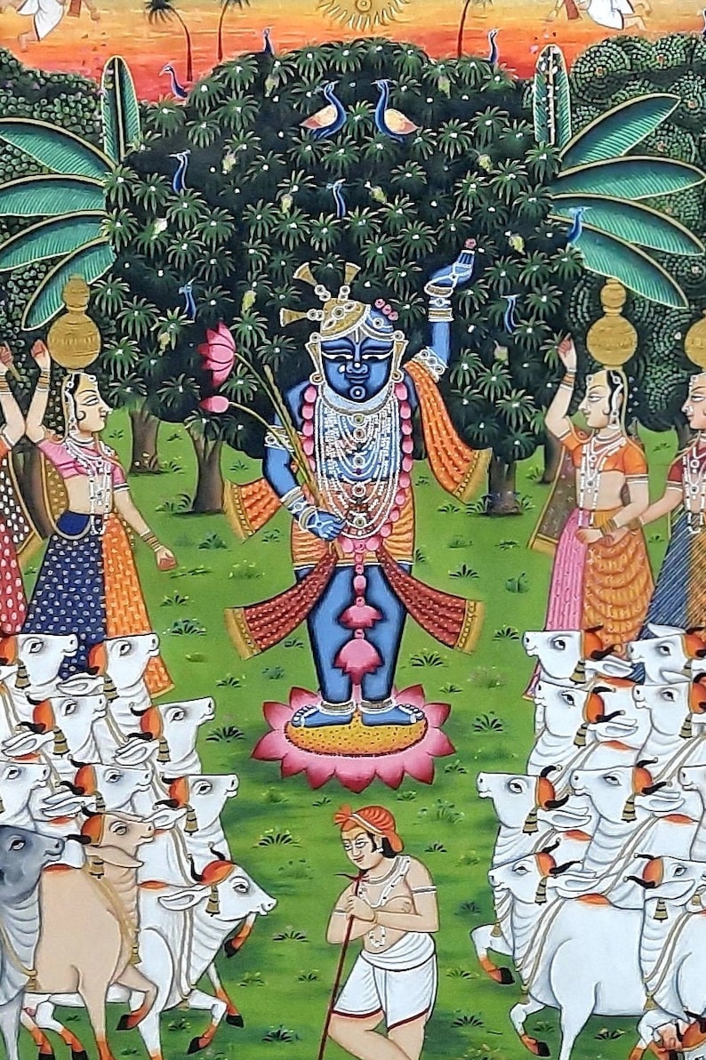 Vintage Handmade Pichwai Painting of Lord Shrinathji on Cloth, Antique