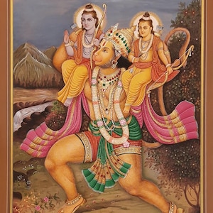 Handmade Hanuman Ji Painting with Ram Laxman, 24K Gold Miniature Art (13x19 Inch)