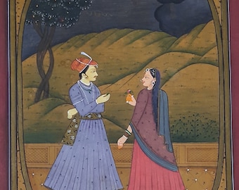 Mughal Couple Painting: Vintage Indian Miniature Art