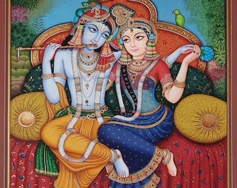 Handmade Radha Krishna Painting: Indian Watercolor God Art (18x24 Inch)