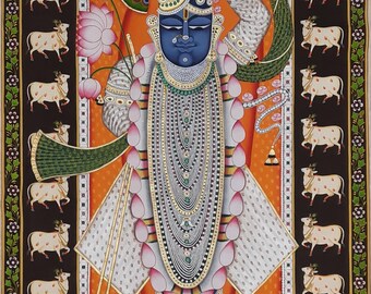 Lord Shrinathji Pichwai Painting: Traditional Krishna Art on Cloth