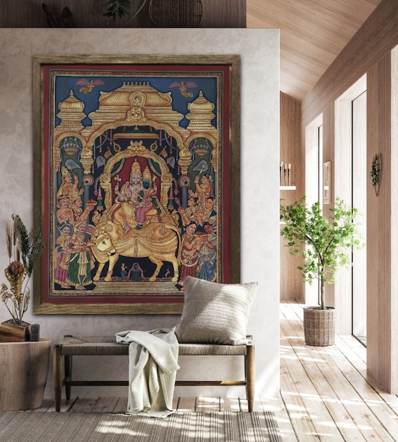 Hand Painted Shiv Darbar Tanjore Painting: 24K Gold Foil, Pooja