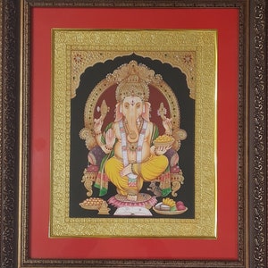 Handmade Ganesha Tanjore Painting: Gold Foil & Semi Precious Stones