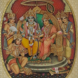 Handmade Shri Ram Darbar Painting: Miniature Art with Semi Precious Stones