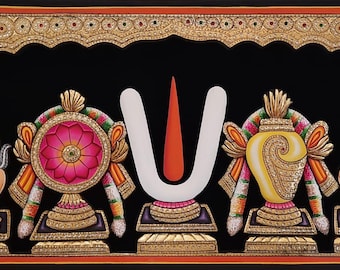 Handmade Tirupati Shanku Chakra Embossed Painting: Hindu Wall Art