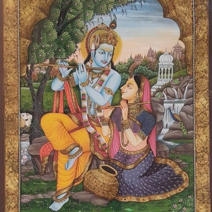 Radha Krishna Tanjore Painting: 24K Gold, Teakwood Frame, Handmade Art