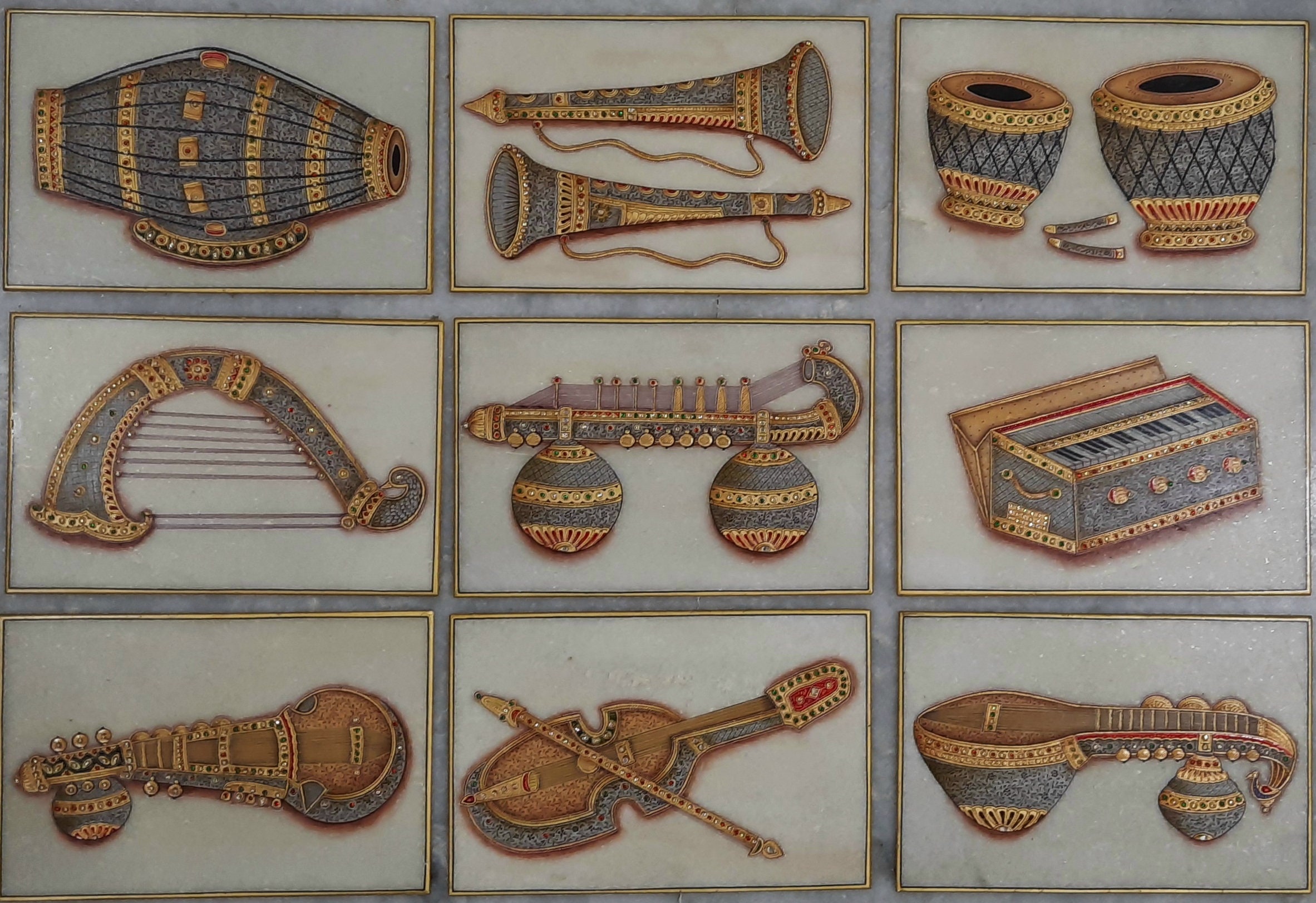 Hand Painted Musical Instrument Art: Indian Artwork on Marble (set of 9 ...