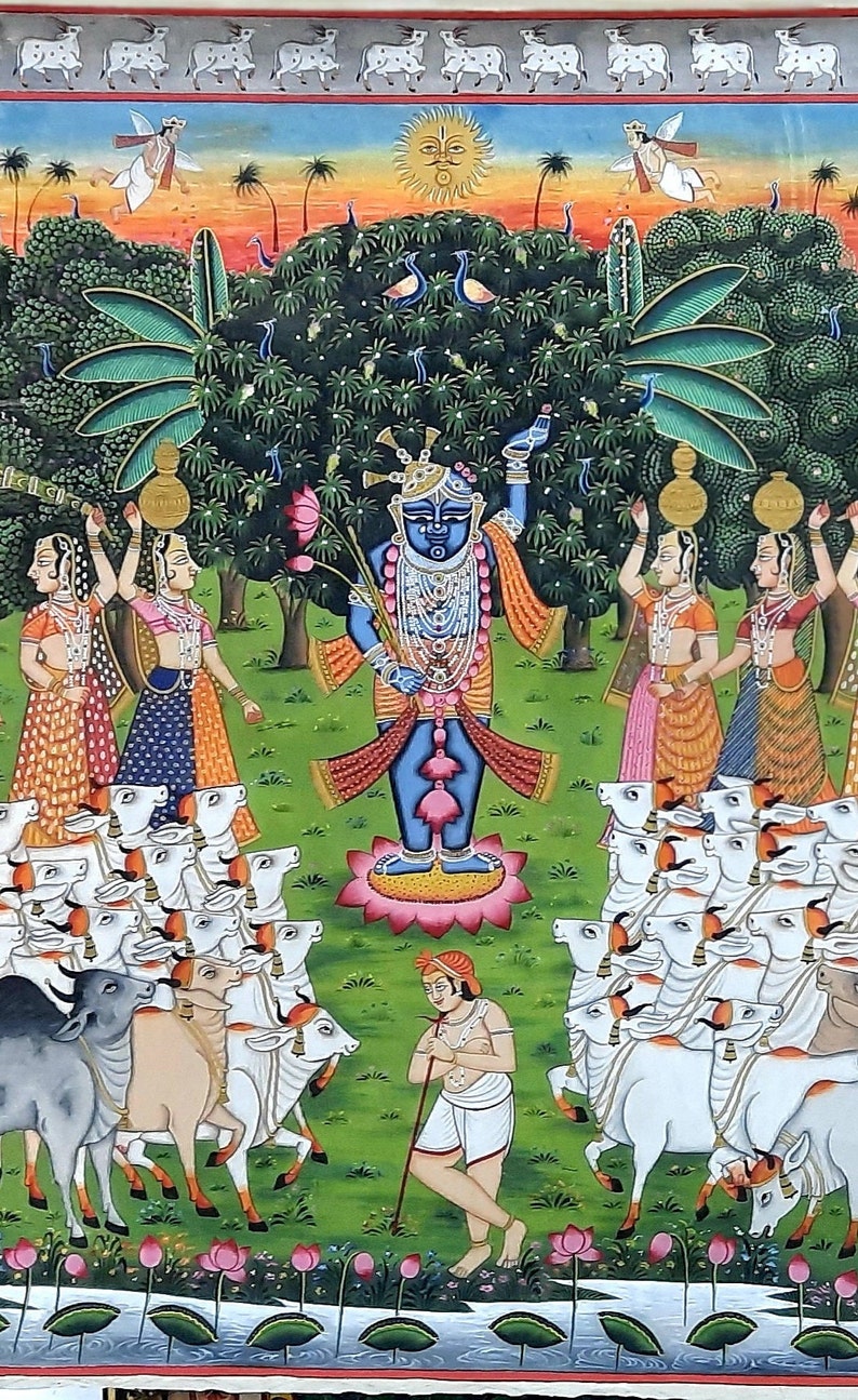 Vintage Handmade Pichwai Painting of Lord Shrinathji on Cloth, Antique Artwork, Traditional Art