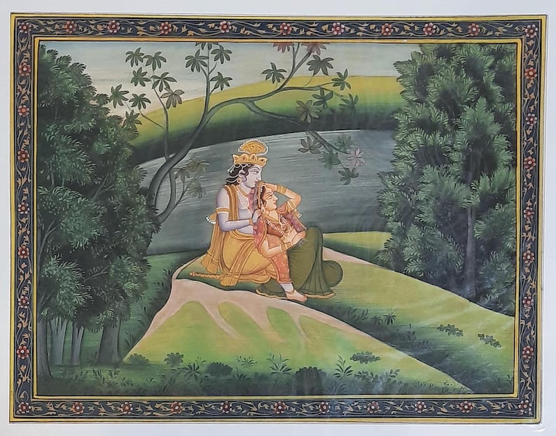 Handmade Radha Krishna Watercolor Painting: Hindu God Art (5x7 Inch) B