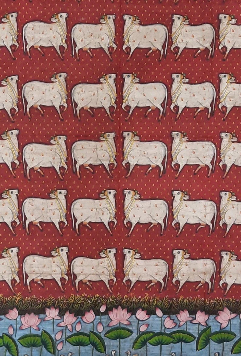 Handpainted Pichwai Cow Painting on Cotton Cloth - Traditional Indian Art immagine 4