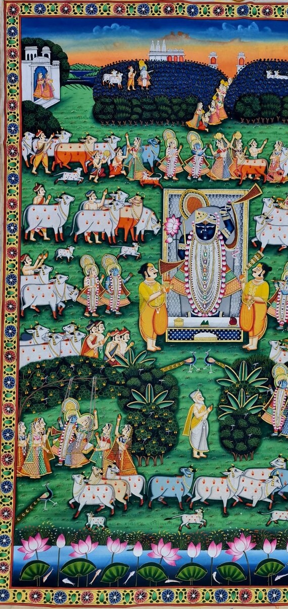 ☆ちゃと☆アウガルテン シロノワズリ Handpainted 貴重 Lord Shrinathji Pichwai Painting: Vintage Krishna Art