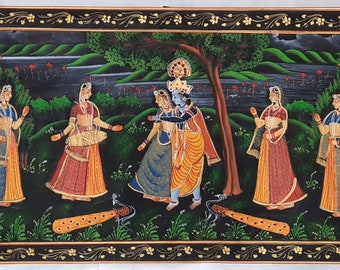 Radha Krishna Silk Painting: Indian Love Scene Miniature Art