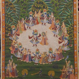 Radha Krishna Raas Leela Handmade Pichwai Painting on Cotton Cloth, Handmade Art- Lord Krishna Painting Wall Decor, Pichwai,