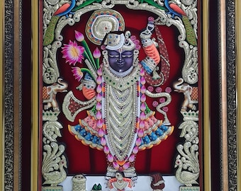 Shrinathji Embossed Painting: Gold Foil & Swarovski, Indian Traditional Art