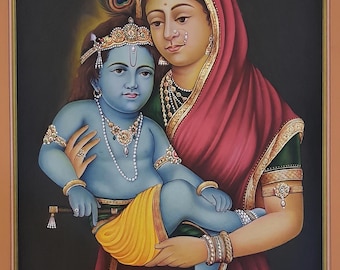 Handmade Bal Krishna Painting with Yashoda Ma: Gold Foil Miniature Art
