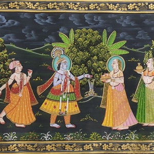 Vintage Krishna Radha Silk Painting: Indian Religious Art