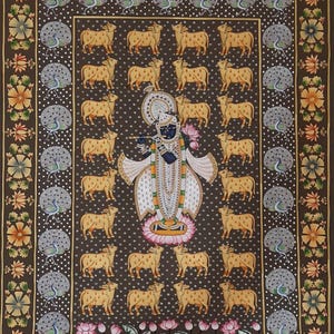 Handmade Shrinathji Pichwai Painting: Gopasthmi Cow Art on Cloth
