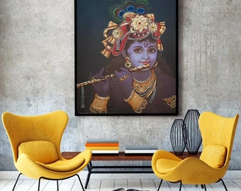 Original Krishna Painting: Hand-Painted Hindu God Art on Paper (16x22 Inch)