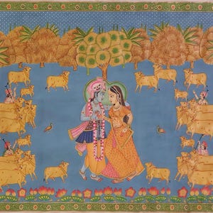Hand Painted Radha Krishna Pichwai Painting on Cloth: Indian Religious Art (48x60 Inch)