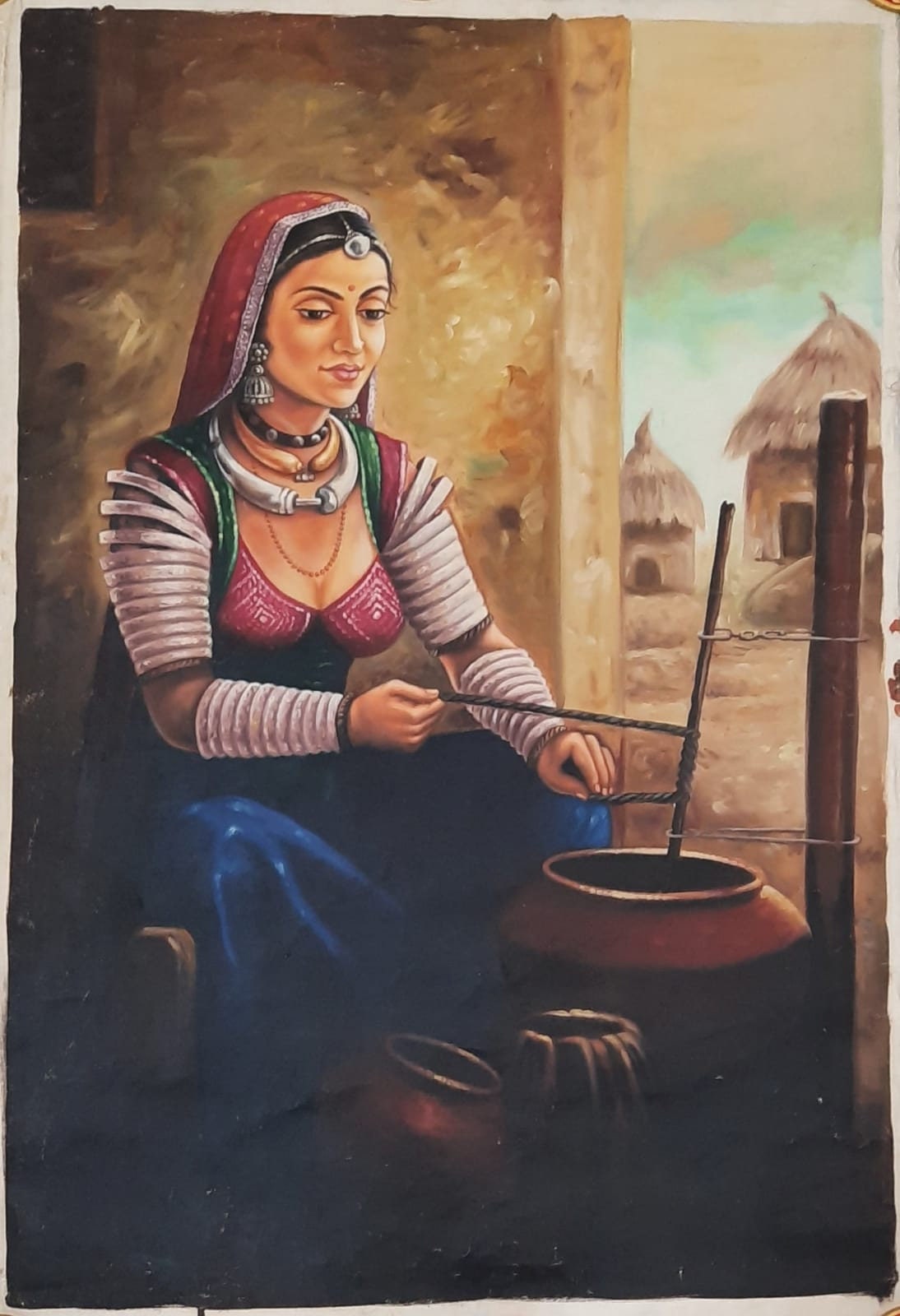 Buy Canvas Oil Painting of Village Rural Lady Churning the Online ...