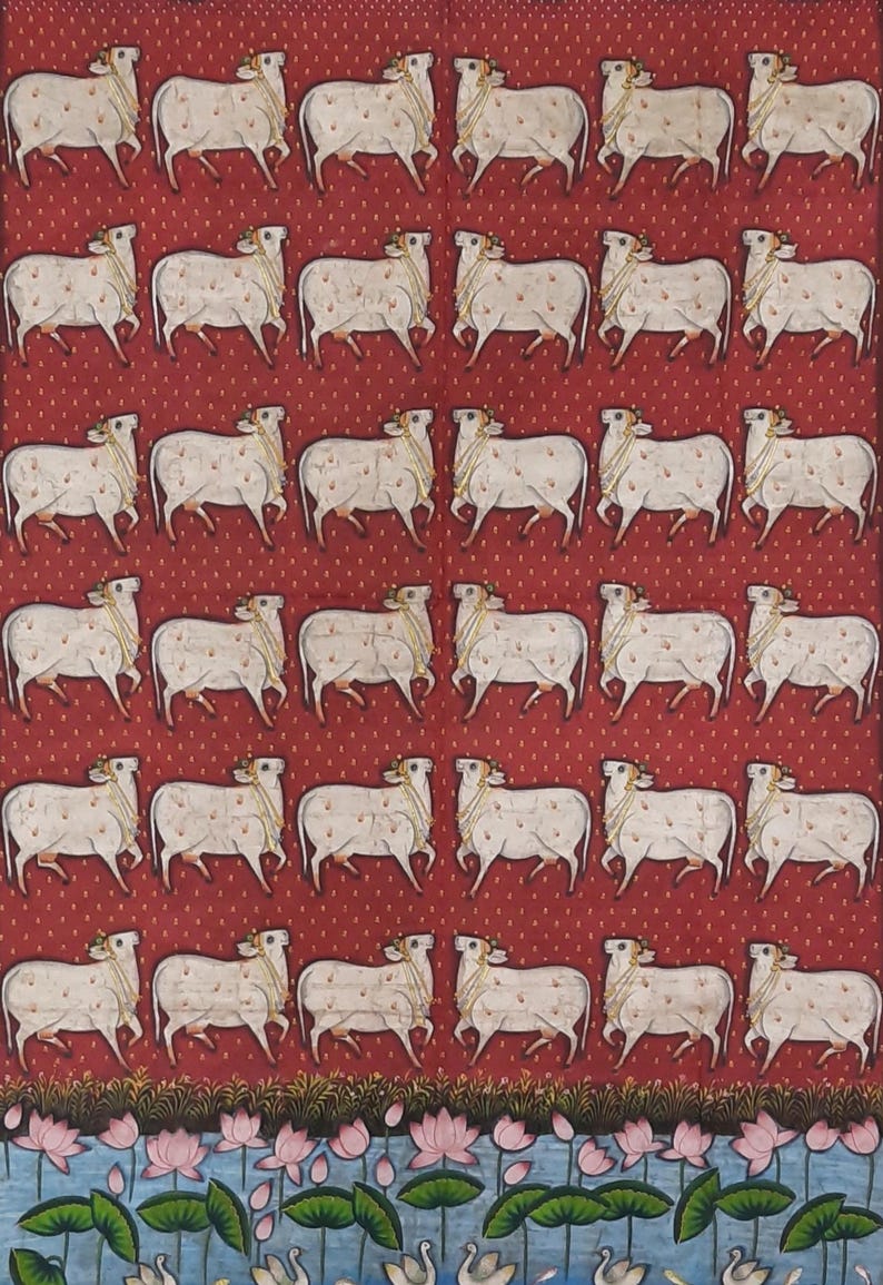 Handpainted Pichwai Cow Painting on Cotton Cloth - Traditional Indian Art immagine 3