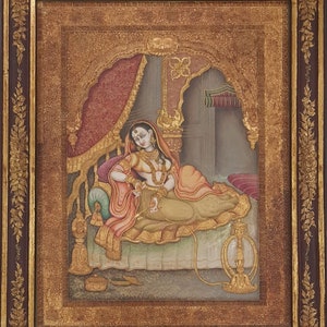 Indian Lady with a Hookah Exotic Miniature Handmade Tanjore Painting, Gold Foil Work Home Decor Art, Wall Hanging, Interior Decoration Ideas