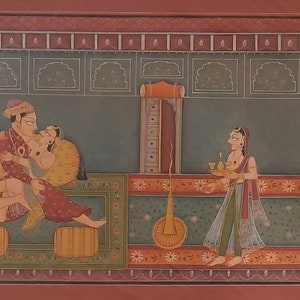 Handmade Mughal Miniature Painting: King, Queen, Love Scene