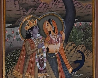 Hand Painted Radha Krishna Miniature Art: Vintage Indian Painting (5x7 Inch)