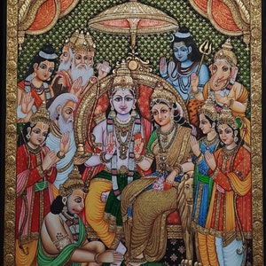 Handmade Tanjore Shri Ram Darbar Painting: Semi Precious Stones, Pooja Room Decor