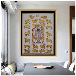 Handmade Pichwai Painting: Lord Shrinath Ji & Cow, Traditional Indian Art