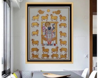 Handmade Pichwai Painting: Lord Shrinath Ji & Cow, Traditional Indian Art
