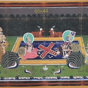 Radha Krishna Painting: Antique Miniature Art on Cotton (66x44 Inch)