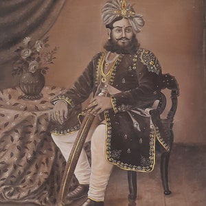 Hand Painted Indian Maharaja Portrait: Vintage Oil Painting on Canvas