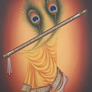 Krishna Flute Oil Painting on Canvas: Peacock Feather Wall Art (18x30 Inch)