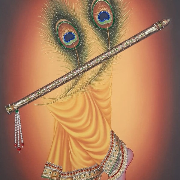 Beautiful Krishna's Charan Bansuri (Flute) with Peacock Feather Oil Paint on Canvas, Krishna Painting, Wall Art, Mother's Day Special