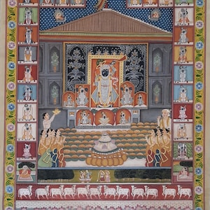 Vintage Shrinathji Pichwai Painting: Annakut Rajbhog, Traditional Krishna Art