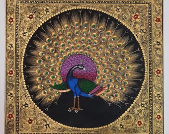 Set of 4 Peacock miniature handmade painting on silk